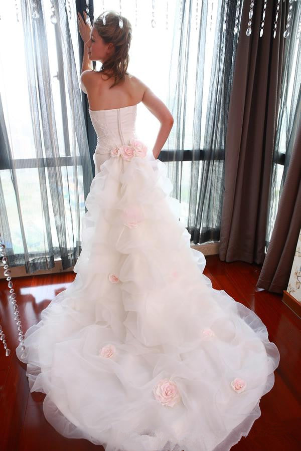 Sheath Wedding Dress with Organza Long Train Appliques Beading Bridal Gown with Flowers