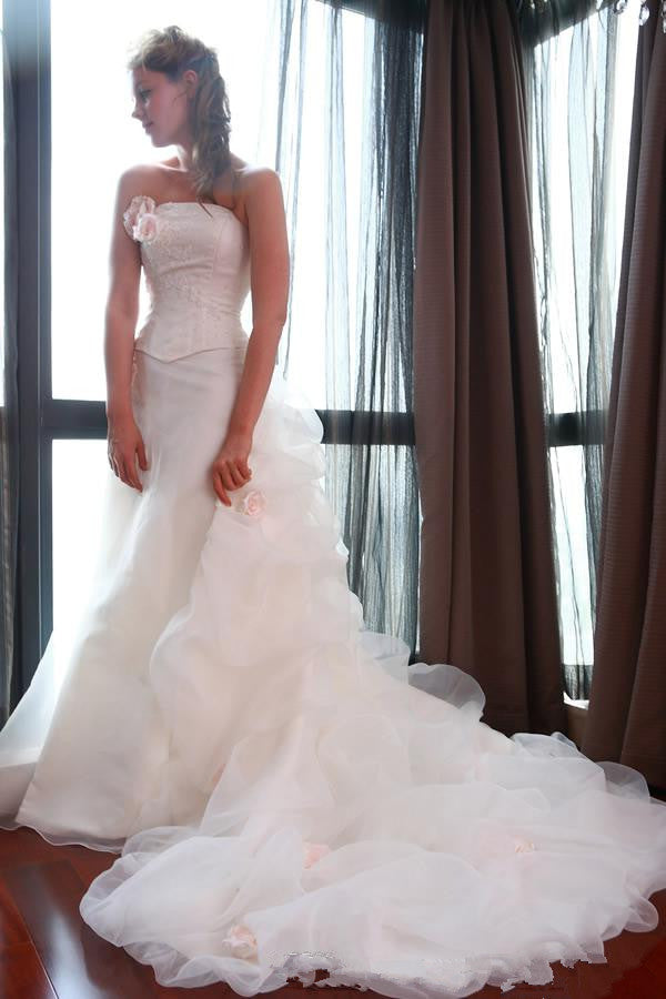 Sheath Wedding Dress with Organza Long Train Appliques Beading Bridal Gown with Flowers