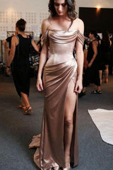 Sheath/Column Off-the-Shoulder Short Sleeves Silk like Satin Prom Dresses
