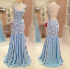 Sheer Back Baby Blue Prom Dress Chiffon Sheath Evening Dresses