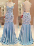 Sheer Back Baby Blue Prom Dress Chiffon Sheath Evening Dresses