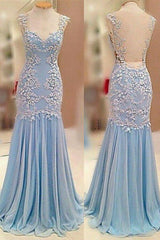 Sheer Back Baby Blue Prom Dress Chiffon Sheath Evening Dresses