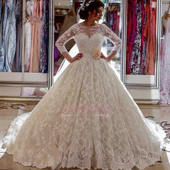 Sheer Church Train Lace Ball Gown Bride Dress Sleeves Long Vintage Illusion Arabic Wedding Dress