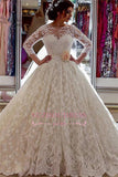 Sheer Church Train Lace Ball Gown Bride Dress Sleeves Long Vintage Illusion Arabic Wedding Dress