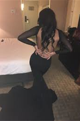 Sheer Lace Backless Black Prom Dress Sexy Long Sleeves Mermaid Evening Gown