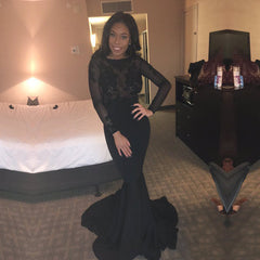 Sheer Lace Backless Black Prom Dress Sexy Long Sleeves Mermaid Evening Gown