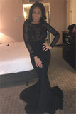 Sheer Lace Backless Black Prom Dress Sexy Long Sleeves Mermaid Evening Gown