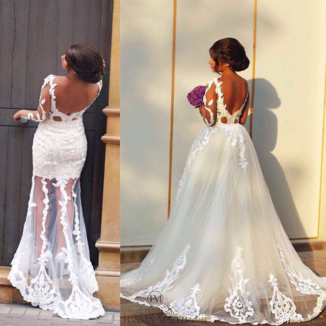 Sheer Long Sleeve Romantic Wedding Dress with Lace Appliques Backless Long Train Bridal Gowns