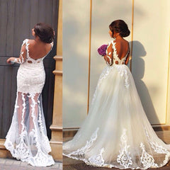 Sheer Long Sleeve Romantic Wedding Dress with Lace Appliques Backless Long Train Bridal Gowns