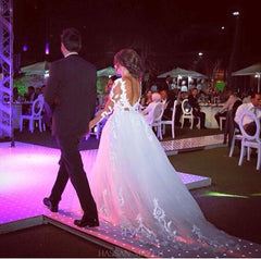 Sheer Long Sleeve Romantic Wedding Dress with Lace Appliques Backless Long Train Bridal Gowns