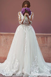Sheer Long Sleeve Romantic Wedding Dress with Lace Appliques Backless Long Train Bridal Gowns