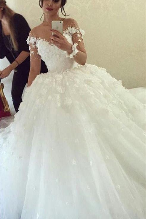 Sheer Long Sleeve Scoop Ball Gown Wedding Dresses Flowers Tulle Bride Dress with Buttons