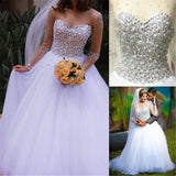 Sheer Sweetheart Crystal Ball Gown Wedding Dresses Lace-up Long Sleeve Tulle Beautiful Wedding Princess Dress MH001