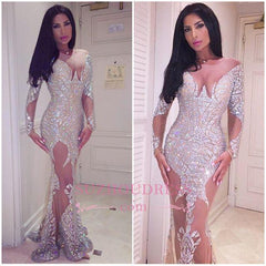 Sheer Tulle Crystals Sexy Evening Gowns Glamorous Mermaid Long Sleeve Prom Dress BA3877