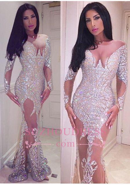 Sheer Tulle Crystals Sexy Evening Gowns Glamorous Mermaid Long Sleeve Prom Dress BA3877