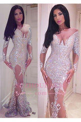 Sheer Tulle Crystals Sexy Evening Gowns Glamorous Mermaid Long Sleeve Prom Dress BA3877