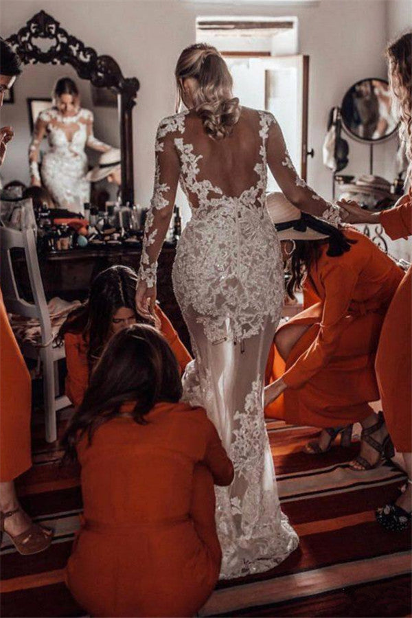 Sheer Tulle Lace Appliques Sexy Summer Beach Wedding Dress | Sheath Long Sleeve Outdoor Wedding Dress