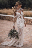 Sheer Tulle Lace Appliques Sexy Summer Beach Wedding Dress | Sheath Long Sleeve Outdoor Wedding Dress