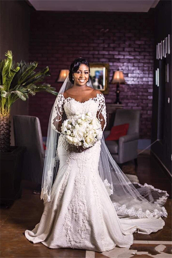 Sheer Tulle Long Sleeves Mermaid Wedding Dresses | Appliques Elegant Plus Size Bridal Gowns Sheer Tulle Long Sleeves Mermaid Wedding Dresses | Appliques Elegant Plus Size Bridal Gowns
