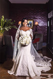 Sheer Tulle Long Sleeves Mermaid Wedding Dresses | Appliques Elegant Plus Size Bridal Gowns