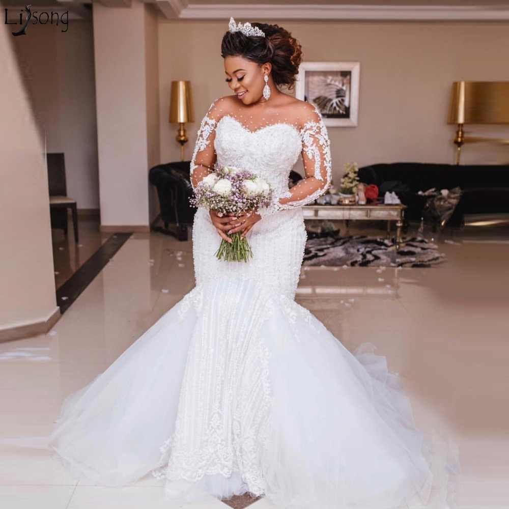 Long Sleeve Appliques Sheer Tulle Mermaid Lace Bridal Wedding Dress