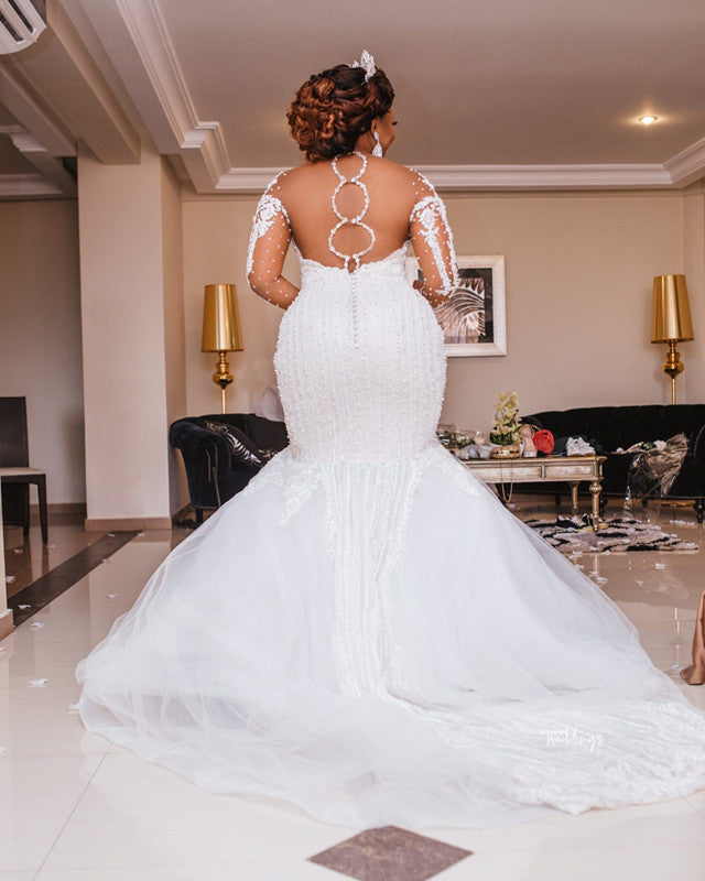 Sheer Tulle Mermaid Lace Wedding Dresses | Long Sleeve Appliques Bridal Dresses | Suzhoufashion Sheer Tulle Mermaid Lace Wedding Dresses | Long Sleeve Appliques Bridal Dresses | Suzhoufashion