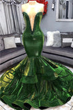 Sheer Tulle Mermaid Ruffles Sexy Beads Sleeveless Shiny Green Prom Dresses