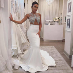 Sheer Tulle Sexy Sleeveless Mermaid Sparkle Wedding Dresses for Summer Beach