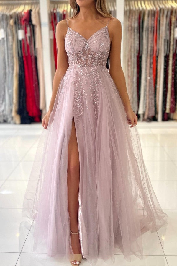 Shimmers Pink Spaghettistraps Sleeveless Column Tulle Floor-Length Prom Dresses with Beadings
