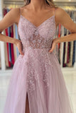 Shimmers Pink Spaghettistraps Sleeveless Column Tulle Floor-Length Prom Dresses with Beadings