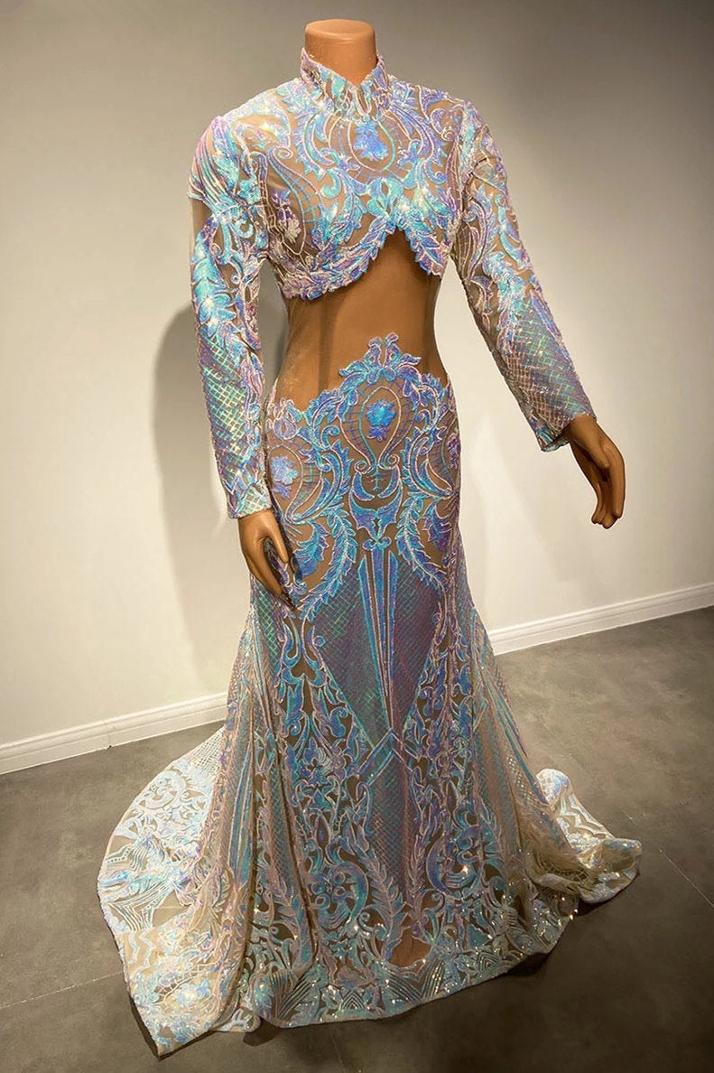 Shimmers Two Piece High-neck Long Sleeve Floor-length A-Line Prom Dresses