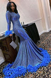 Shining Blue Cowl Neck Long Sleeve Floor-length Mermaid Prom Dresses