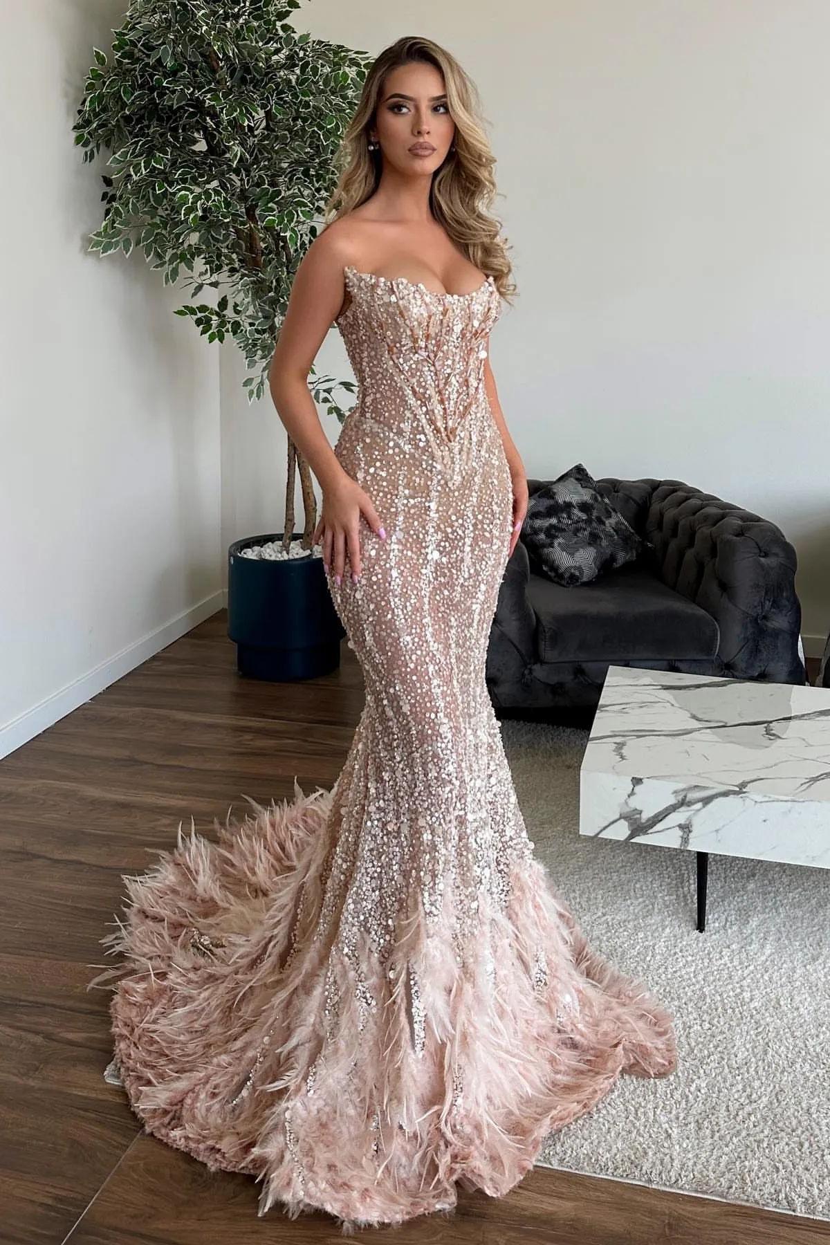 Shining Off the Shoulder Sequined Mermaid Evening Formal Dress With Feathers