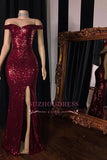 Shining Side-Split Red Sheath Sequin-Lace Evening Dresses