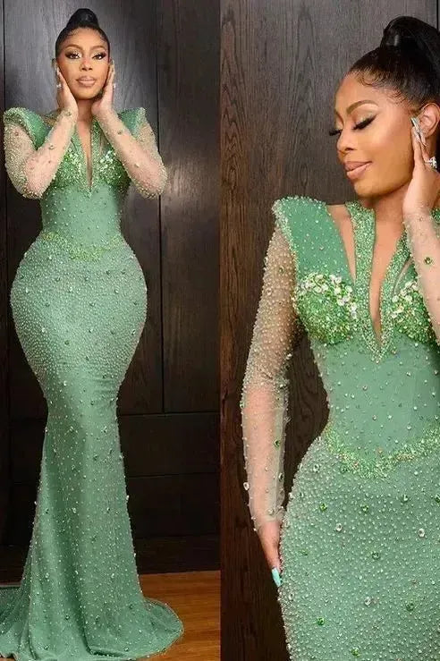 Shinning Applique Long Sleeves Green Prom Dress Mermaid Floor Length Evening Formal Dress