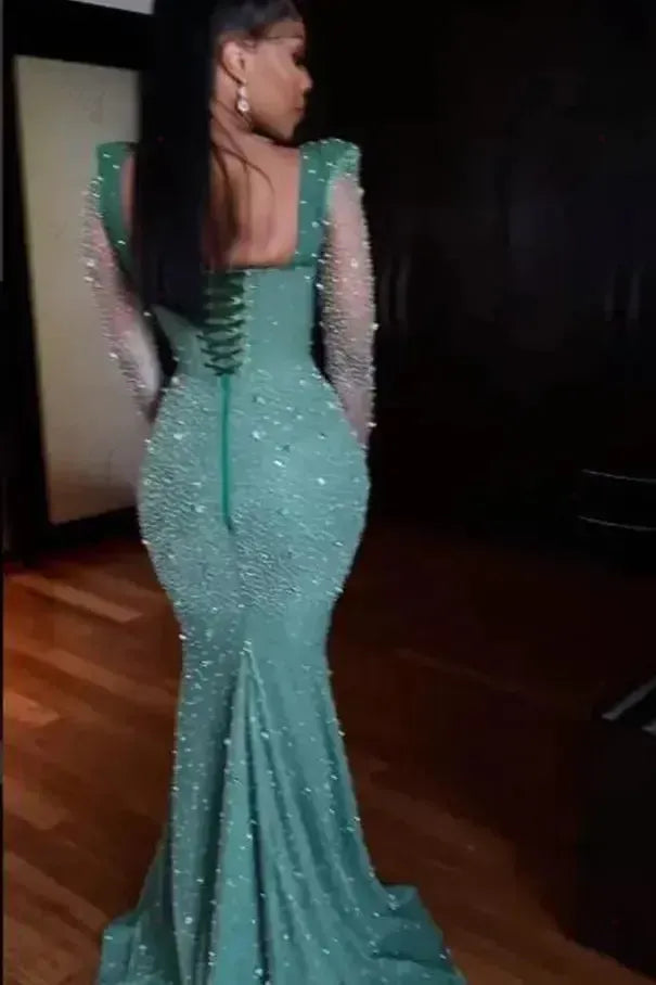 Shinning Applique Long Sleeves Green Prom Dress Mermaid Floor Length Evening Formal Dress