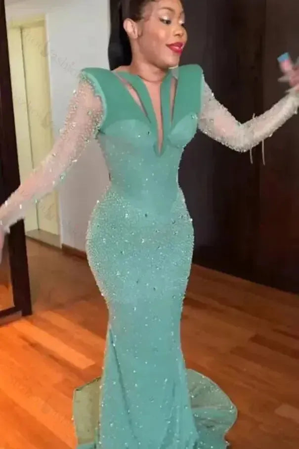 Shinning Applique Long Sleeves Green Prom Dress Mermaid Floor Length Evening Formal Dress