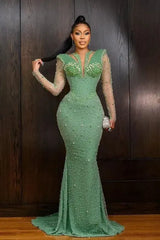 Shinning Applique Long Sleeves Green Prom Dress Mermaid Floor Length Evening Formal Dress