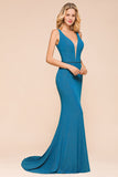 Shinning Blue Mermaid Long Prom Dress | V-Neck Sleeveless Long Evening Gowns