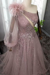 Shinning Blushing Pink Prom Dress One Shoulder Appliques Embroidery Evening Formal Dress