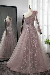 Shinning Blushing Pink Prom Dress One Shoulder Appliques Embroidery Evening Formal Dress
