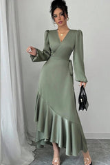 Shinning Long Sleeves V Neck Long Evening Formal Dress With Ruffled Pleated