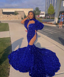 Shinning Royal Blue High-neck Long Sleeve Lace Floor-length Mermaid Prom Dresses