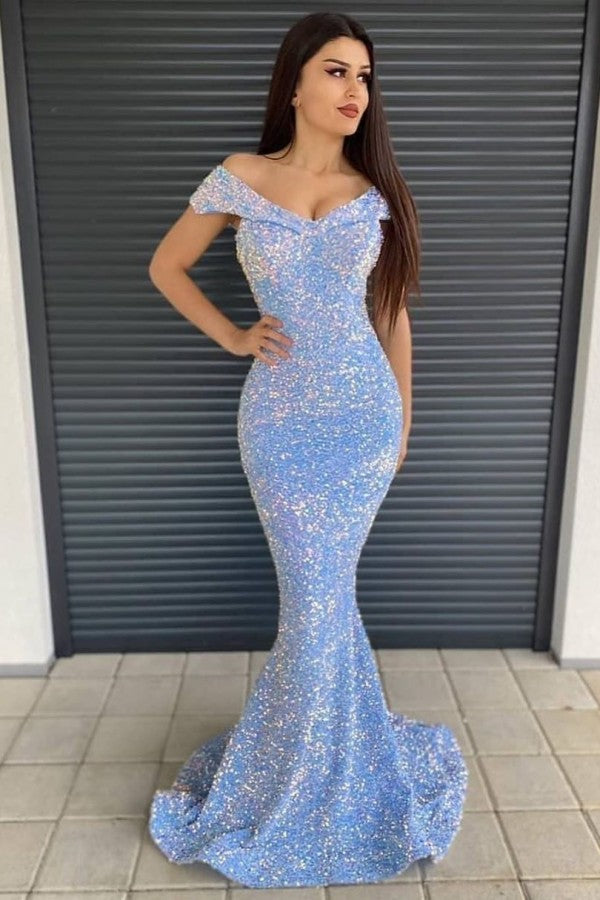 Shinning Sequins Mermaid Prom Dress Off-the-shoulder Long Evening Gowns