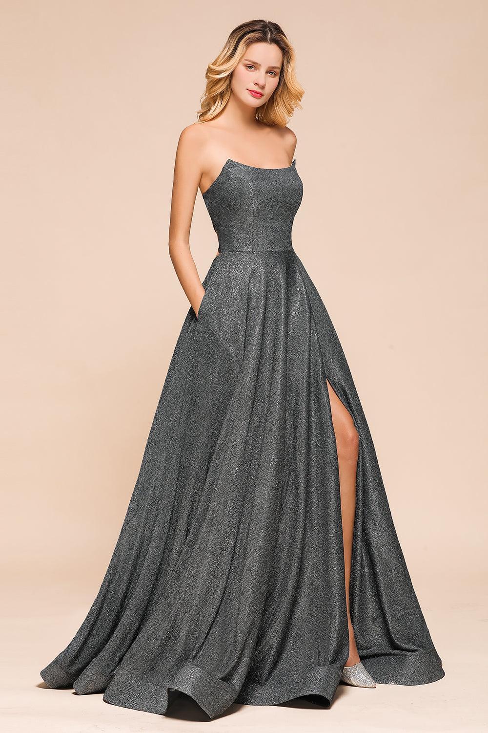 Shinning Strapless Long Prom Dress | Lace-up Evening Gowns With Split