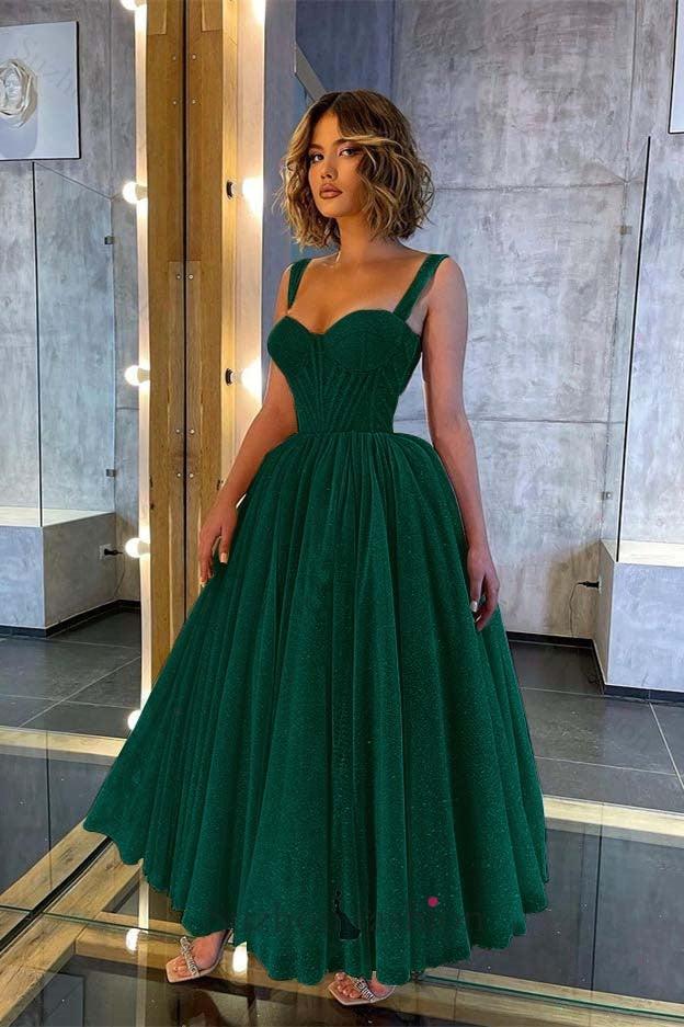 Shinning Straps Sweetheart Evening Prom Dress Sequined Tea Length Formal Dress