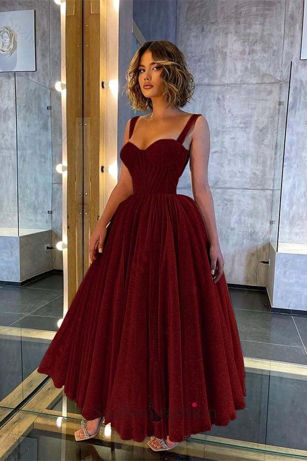 Shinning Straps Sweetheart Evening Prom Dress Sequined Tea Length Formal Dress