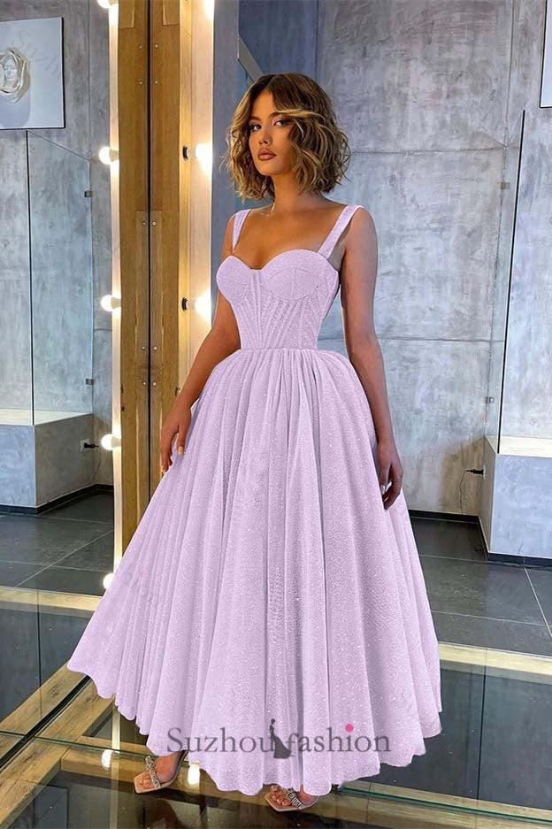 Shinning Straps Sweetheart Evening Prom Dress Sequined Tea Length Formal Dress