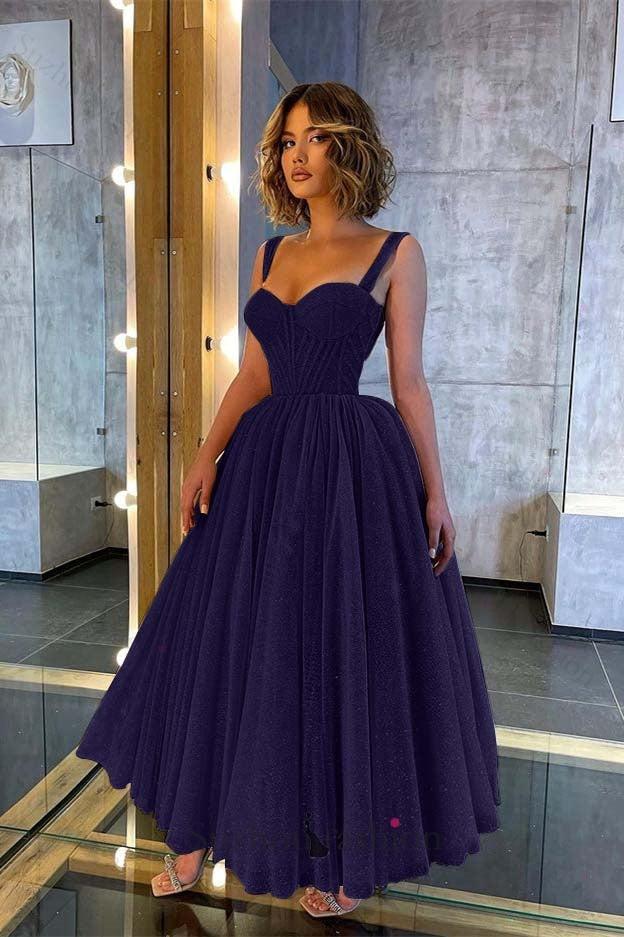 Shinning Straps Sweetheart Evening Prom Dress Sequined Tea Length Formal Dress