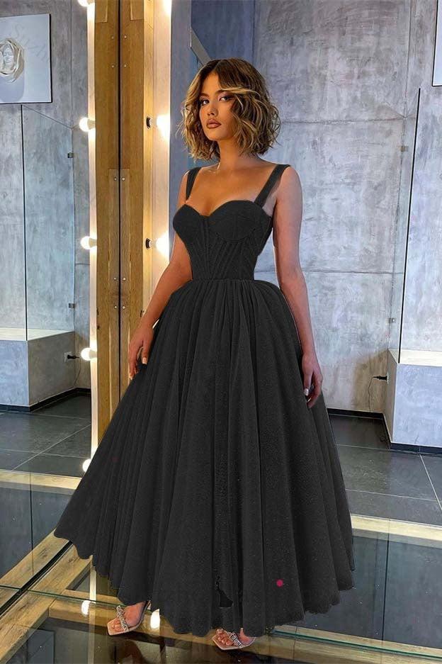 Shinning Straps Sweetheart Evening Prom Dress Sequined Tea Length Formal Dress